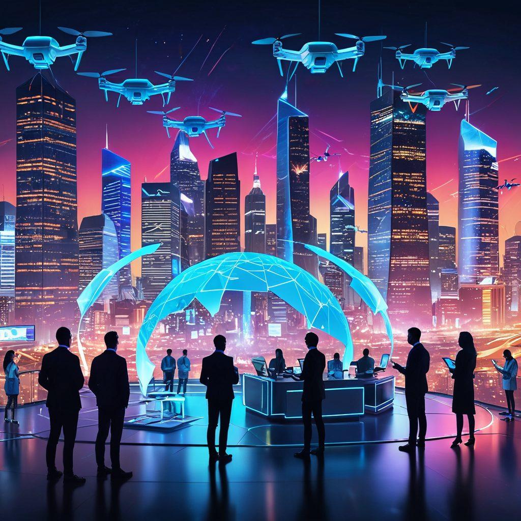 A futuristic landscape illustrating a digital insurance world, featuring a diverse group of people interacting with holographic insurance policies and virtual assistants. Incorporate elements of technology such as drones, smart contracts, and digital devices, with a vibrant city skyline in the background. Emphasize accessibility and innovation in a harmonious setting. super-realistic. vibrant colors. 3D.