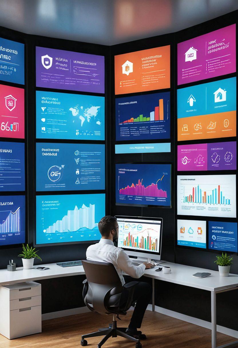 An array of digital screens displaying various insurance policy options, vibrant graphs illustrating premium changes, and a person with a laptop deep in thought, surrounded by an array of colorful icons representing different types of coverage (health, auto, home). The scene conveys a sense of empowerment and choice in the digital age. clean lines, modern design, 3D effects. vibrant colors.