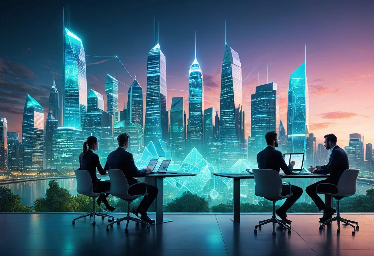 A modern, sleek city skyline with digital elements representing insurtech innovations, symbolizing the fusion of technology and insurance. In the foreground, a diverse group of professionals discussing financial protection, with visual icons of policy documents and digital apps around them. The color palette is vibrant with a mix of blues and greens to evoke trust and innovation. The atmosphere is energetic and collaborative. super-realistic. vibrant colors. digital art.